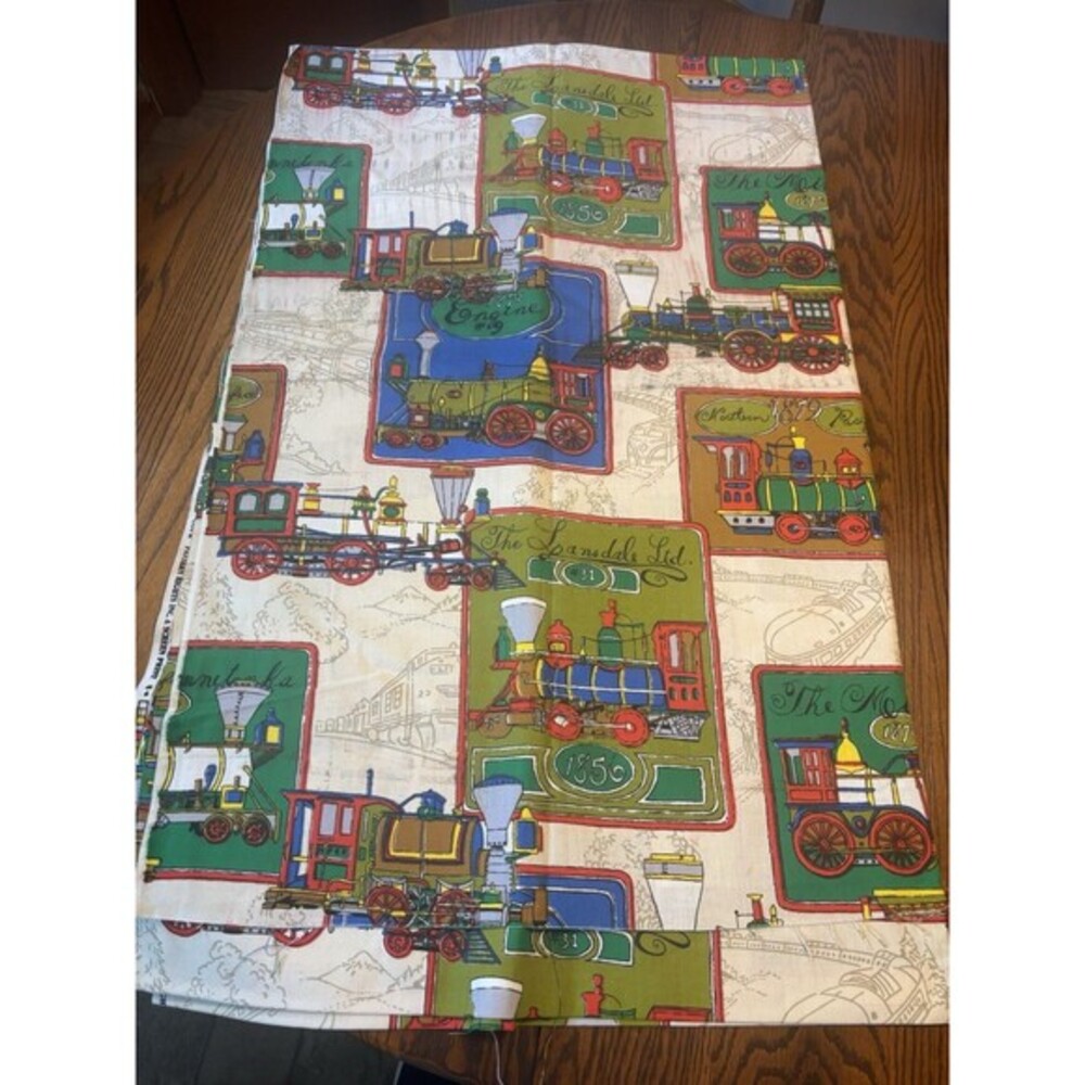 Vintage Screen Print Triple Shield Fabric COPR  Antique Locomotive Trains 4.2 Yd